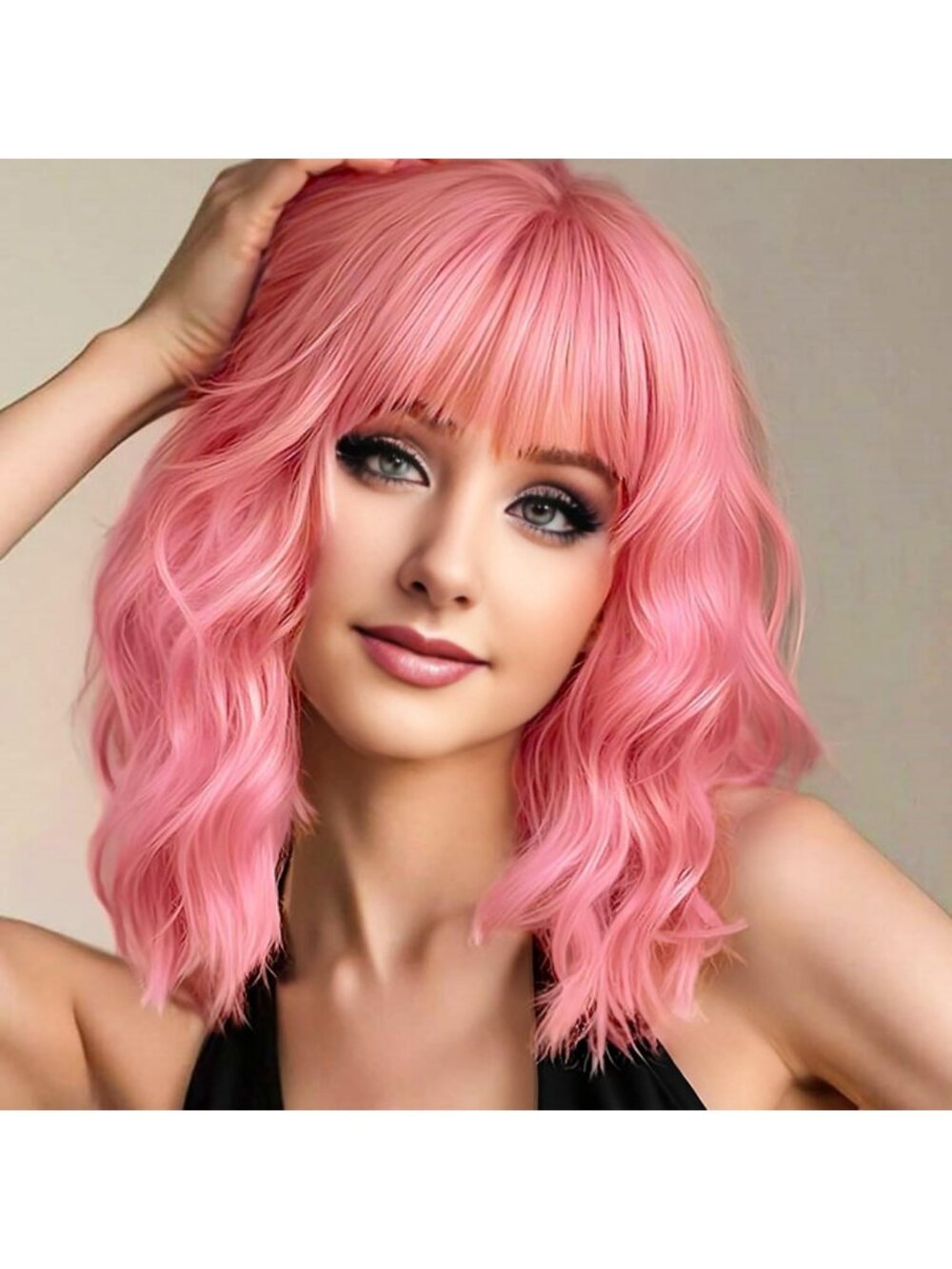 Short Pink Wavy Bob Wig with Bangs - Pastel Synthetic Hair for Cosplay & Parties